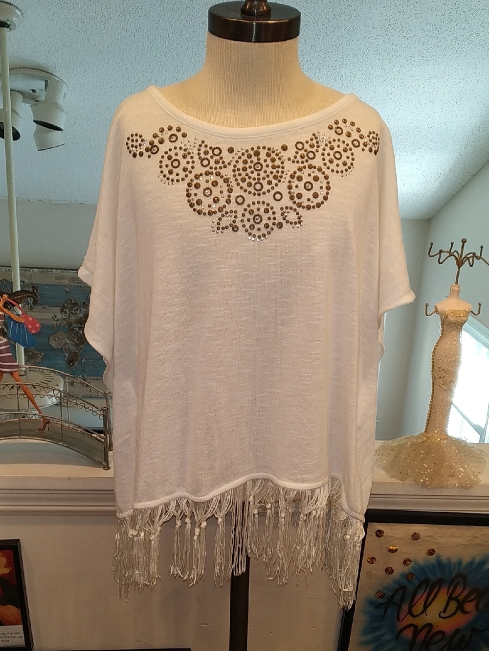 Women's Off White Fringe Top with Studded Yoke